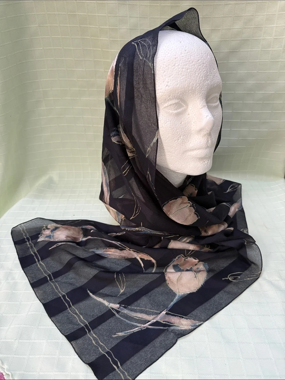 Vintage Floral Sheer Black Scarf with Tan hand painted tulips